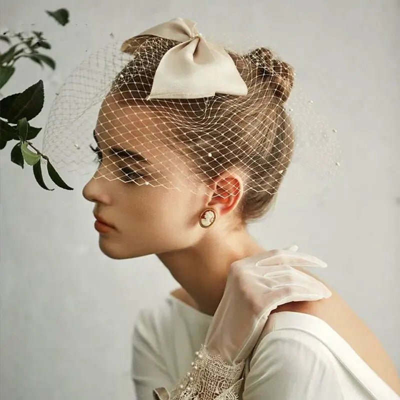 Vintage Beige Bridal Veil with Bow and Pearls