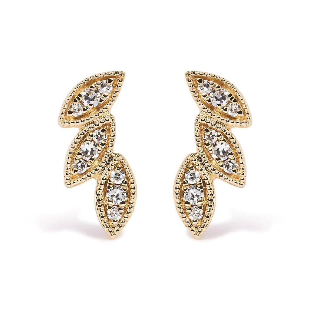 10K Yellow Gold 1/10 Cttw Diamond Triple Leaf Stud Earring (H-I Color, I1-I2 Clarity)