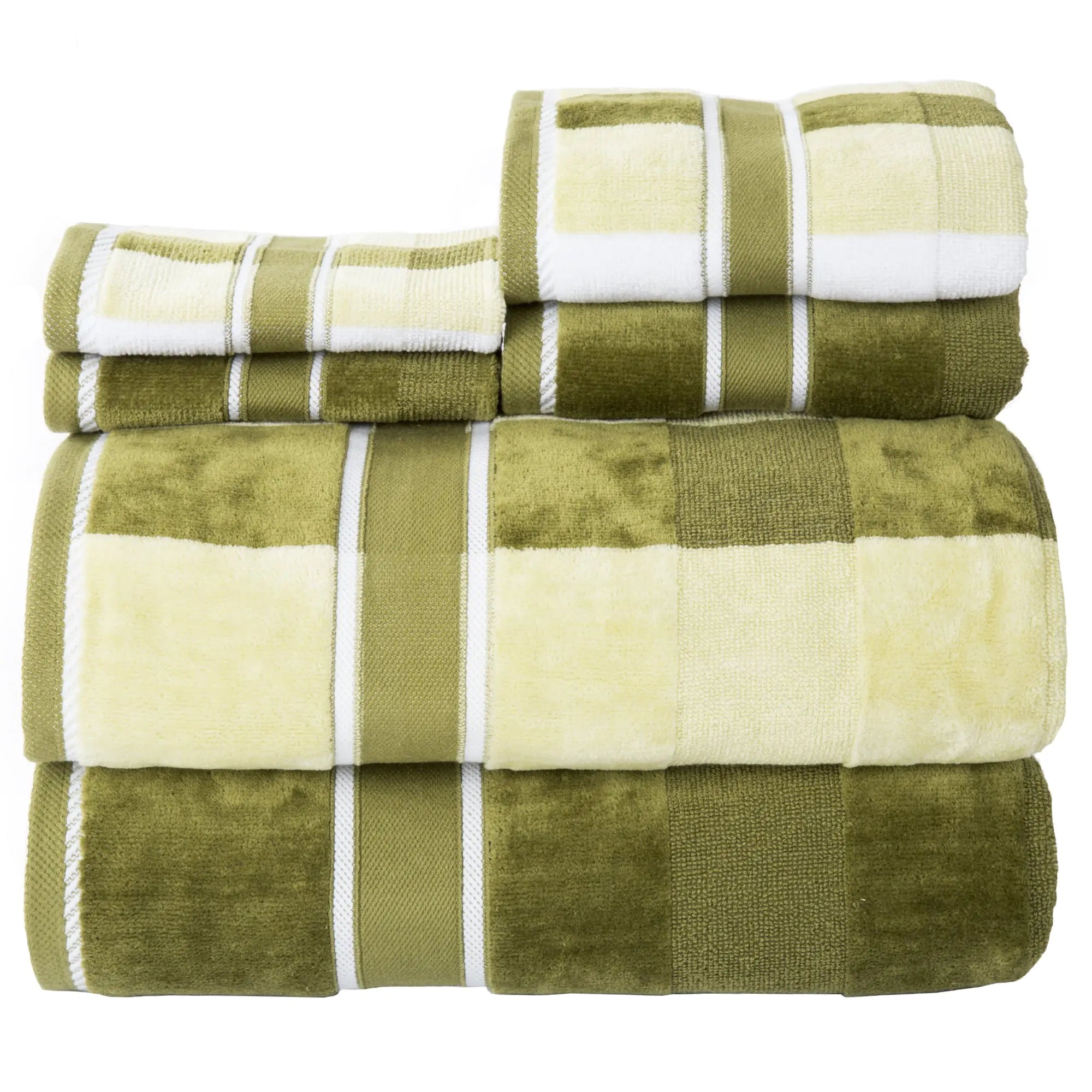 6PC Towel Set - Absorbent Cotton Bathroom Accessories with Bath Towels Hand Towels and Wash Cloths - Solid and Striped Towels by Lavish Home (Green)