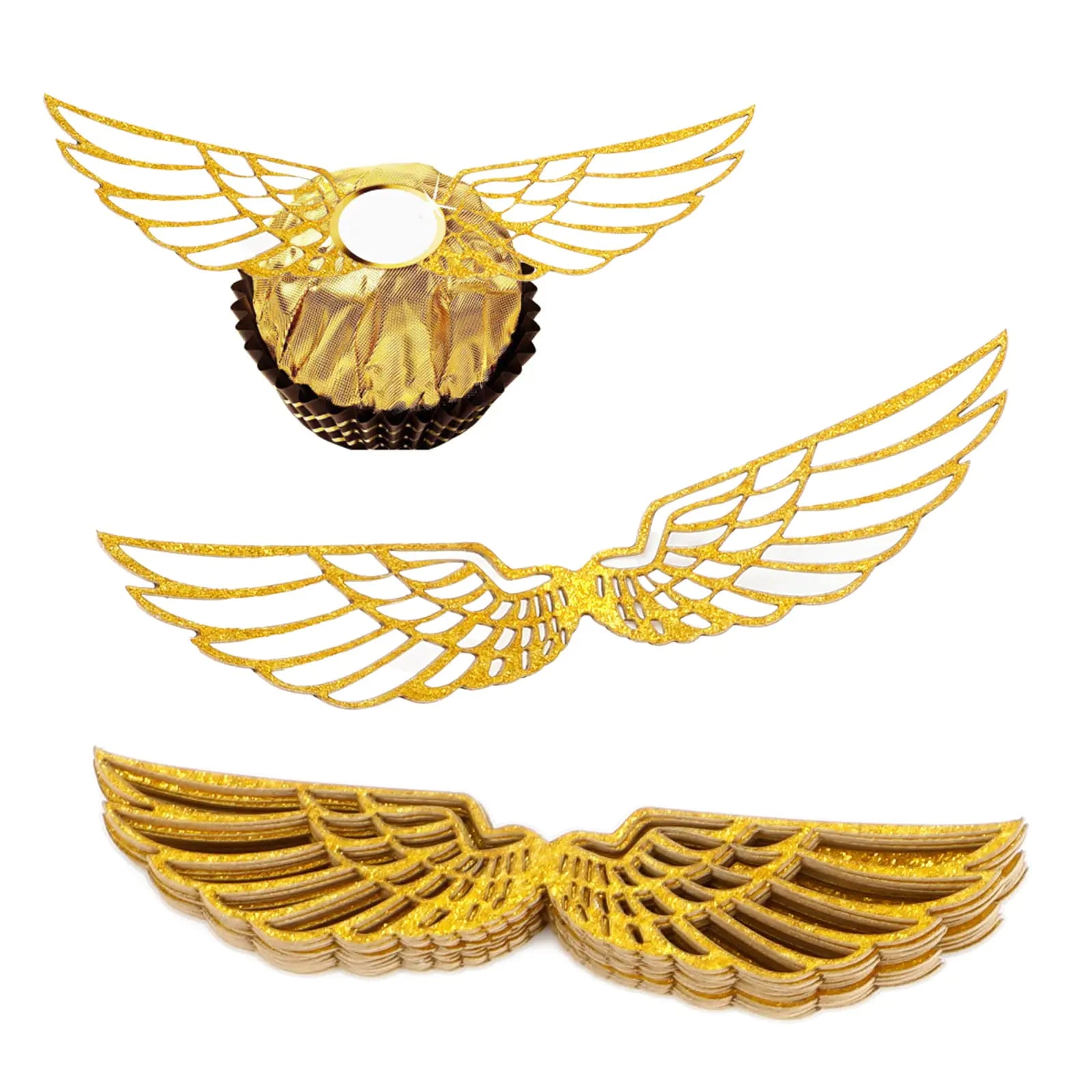 50 PCS Golden Wings Chocolate Decor Wizard Party Chocolate Decoration Hollowed Wings Wafer Cupcake Toppers with Glue Point for Them Party Decor Supplies