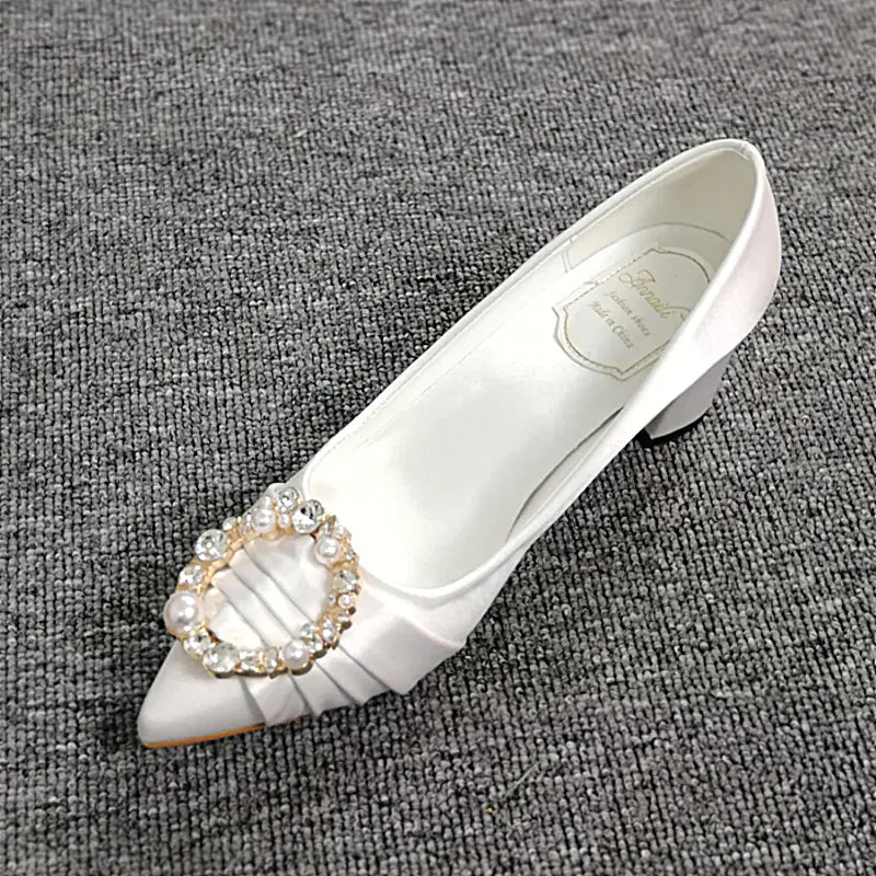 2023 New White High Heels with Pearls and Rhinestones