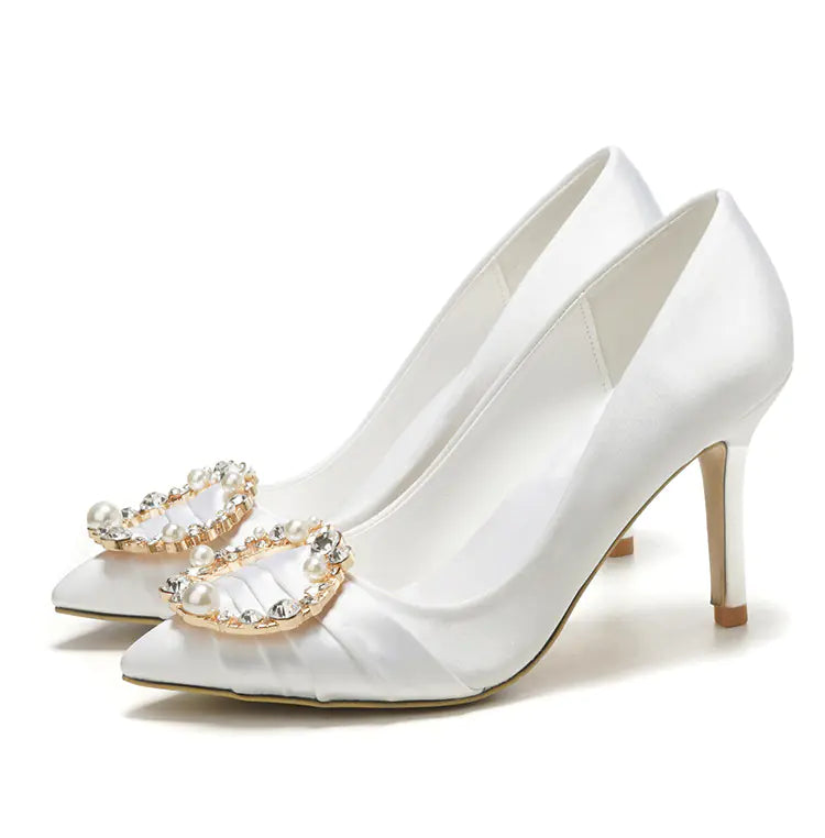 2023 New White High Heels with Pearls and Rhinestones
