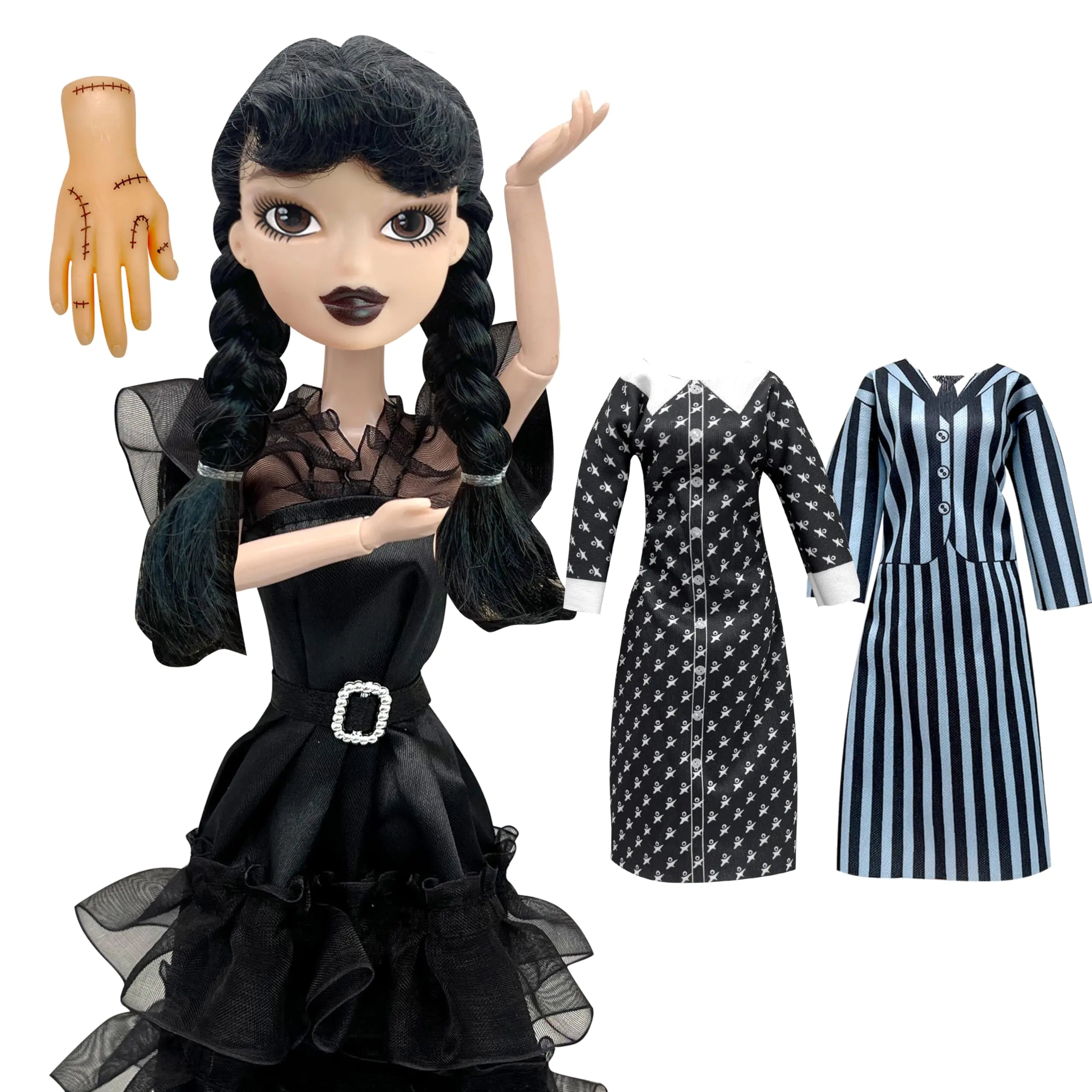 11.5 inch Black Dress Doll Black Lip 2 Dots and Strip Dresses with Thing Wednesday Addams Dolls Made to Move Dolls Birthday Gifts for Kids Girls Fans Christmas Holiday Toys