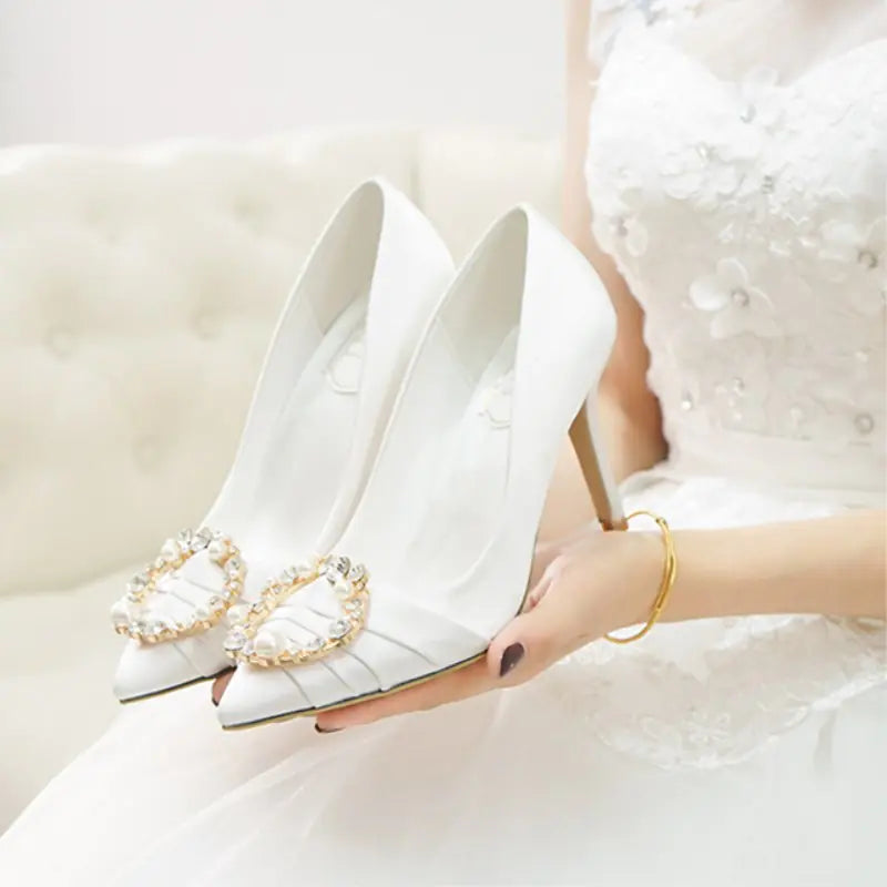2023 New White High Heels with Pearls and Rhinestones