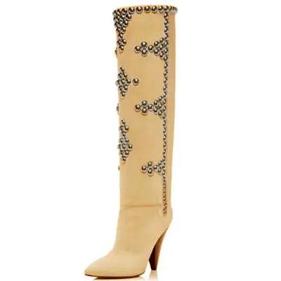 "Studded Wedge Heel Pointed Toe Over-the-Knee Boots"
