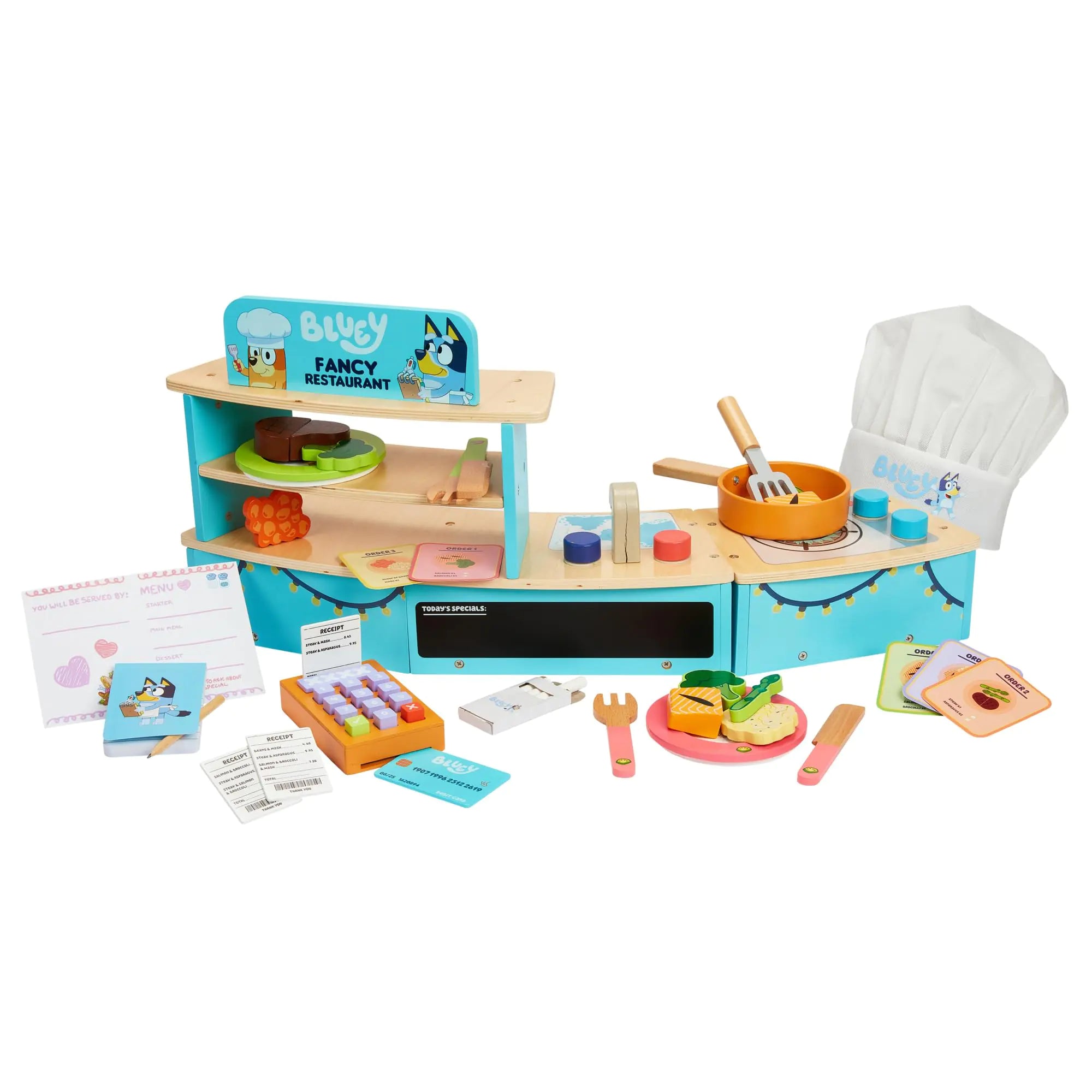 Bluey – Tabletop Restaurant – 32 Piece Wooden Roleplay Toy with Cutlery & Pretend Food Accessories for Kids – FSC-Certified Material – Fun Imaginative Kit for 3 Years and Up