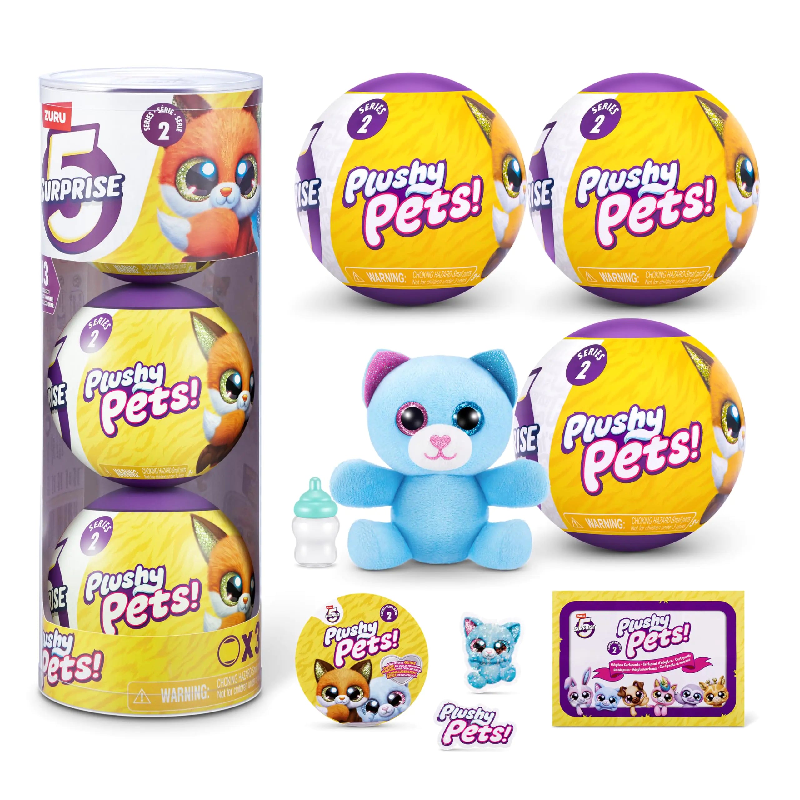 5 Surprise Plushy Pets Series 2 (3 Pack) by ZURU Collectible Mystery Capsule Plushy Pet Adoption Toy for Girls Kids Teens