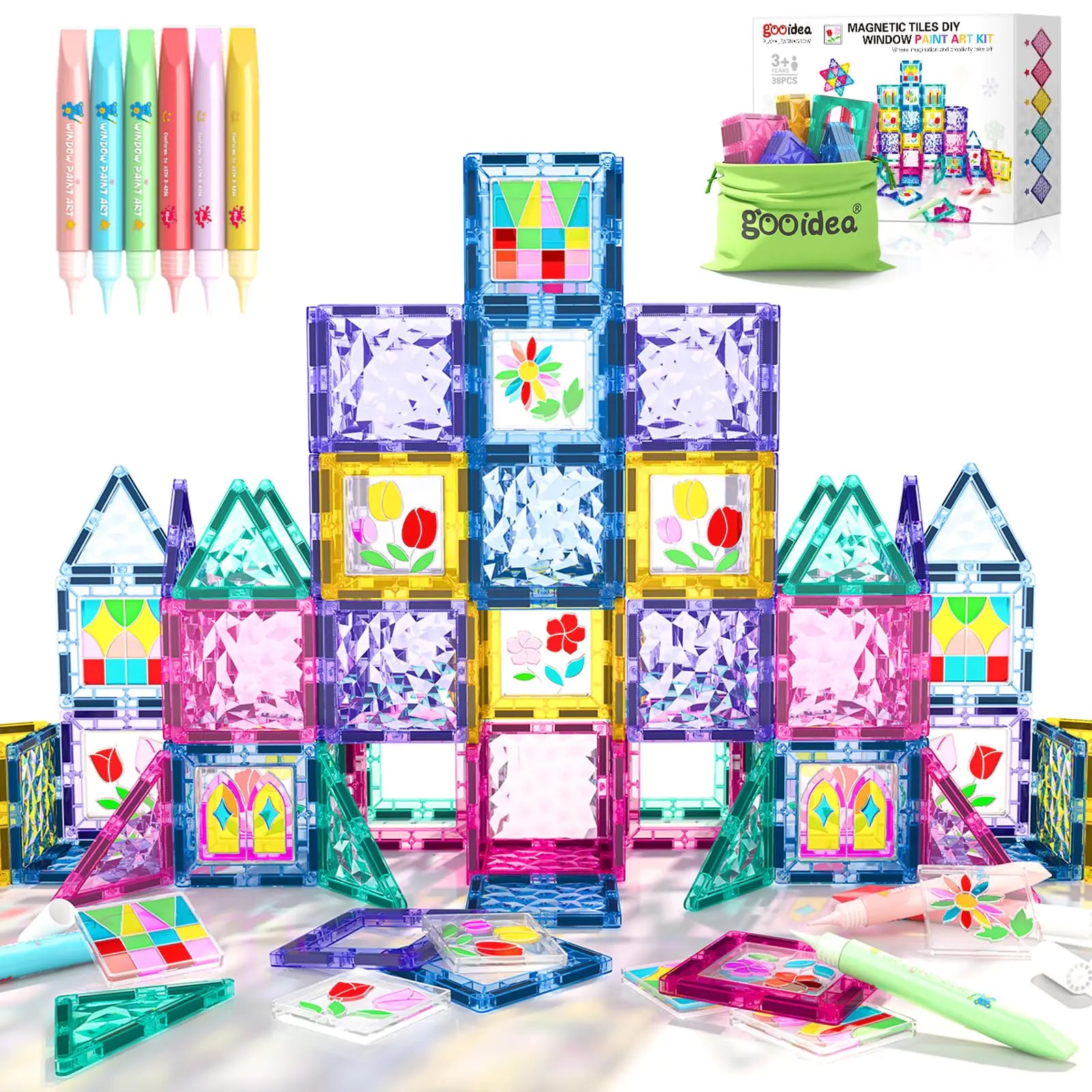 Magnetic Tiles DIY Window Arts and Craft Kit Kids Games Montessori Toys Toddler Kids Magnet Building Blocks Set for Preschool Learning Classroom STEM Sensory Toys Gift for 3+ Year Old Boys and Girls