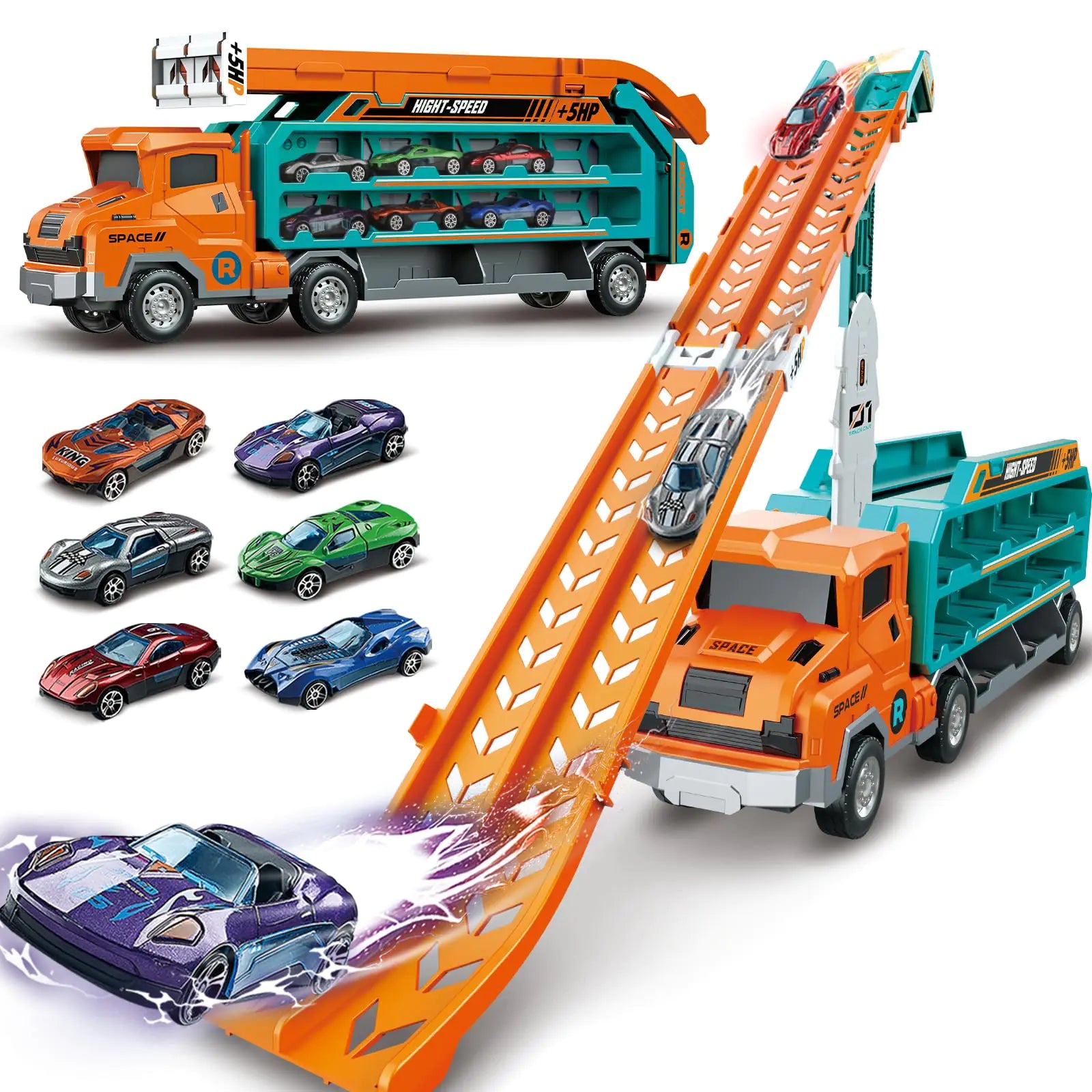 Toddler Car Truck ToysCar Carrier Truck Toy for Kids Age 3-5 4-8Foldable Car Track Sets with 2.8-Ft Race Track and 6 Die-Cast Race Cars Truck Toys Gifts for 3 4 5 6 7 8+ Year Old Boys Girls(orange)