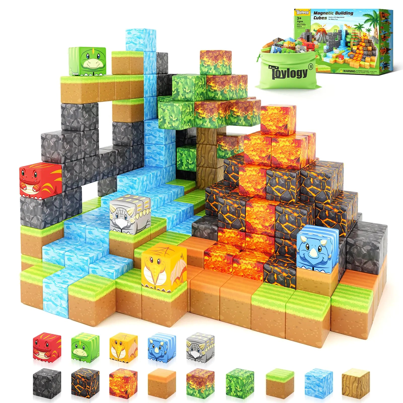 Dinosaur Toys Magnetic Blocks-Build Mine Magnet World Volcano Edition Kids Toys for 3+ Year Old Boys and Girls Building Blocks Toddler Toys Games Through Jurassic Learning Sensory Toys Gifts