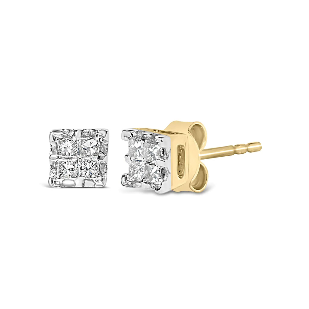 10k Yellow Gold Princess Diamond Quad Stud Earrings (1/4 cttw, J-K Color, I2-I3 Clarity)