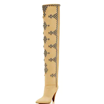 "Studded Wedge Heel Pointed Toe Over-the-Knee Boots"