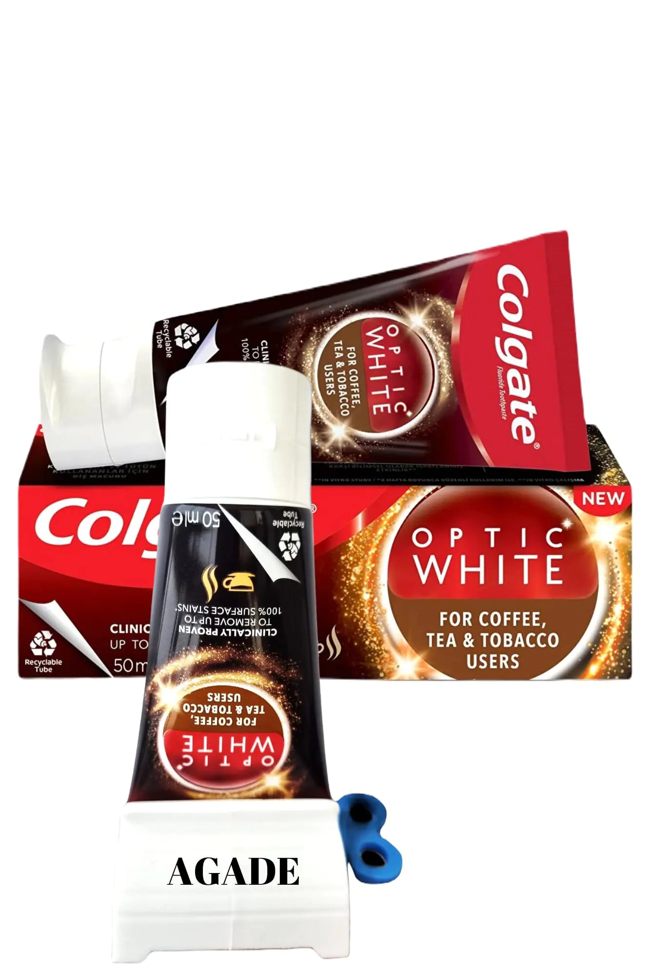 AGADE Toothpaste Squeezer and Colgateoptic White Whitening Toothpaste for TeaCoffee and Tobacco Users (1.69 oz)