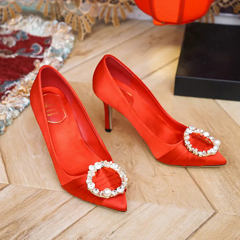 2023 New White High Heels with Pearls and Rhinestones